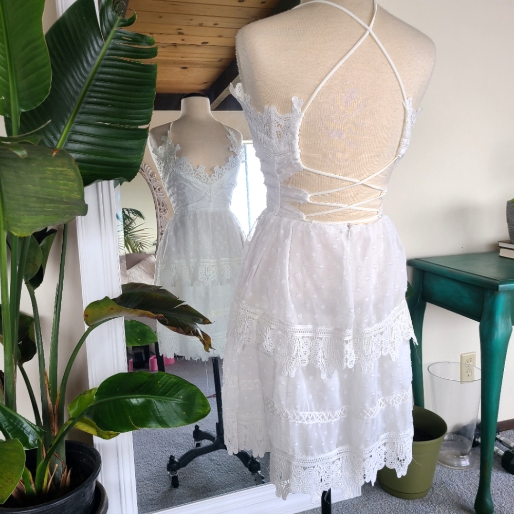 New White Ivory Lace Embroidery Tier Dress with Open Back Details